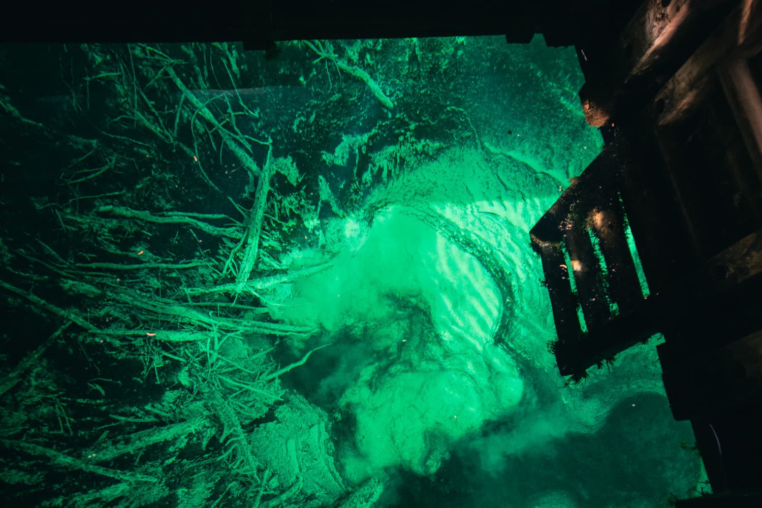 Green-lit view straight down through the raft's viewing opening to sand swirling where spring water pushes up at Kitch-iti-kipi