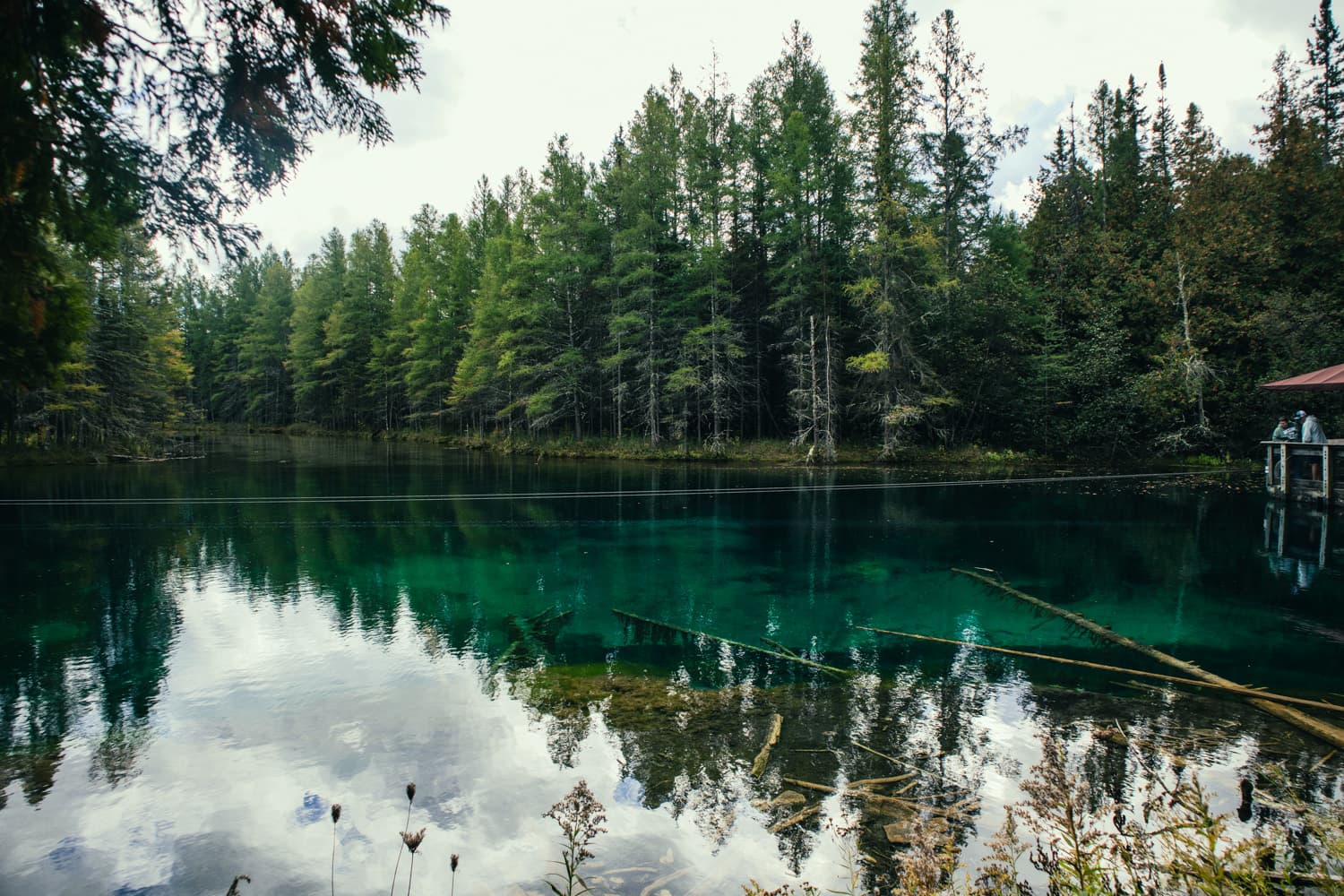 Clouds and evergreens reflected in the clear turquoise water of Kitch-iti-kipi