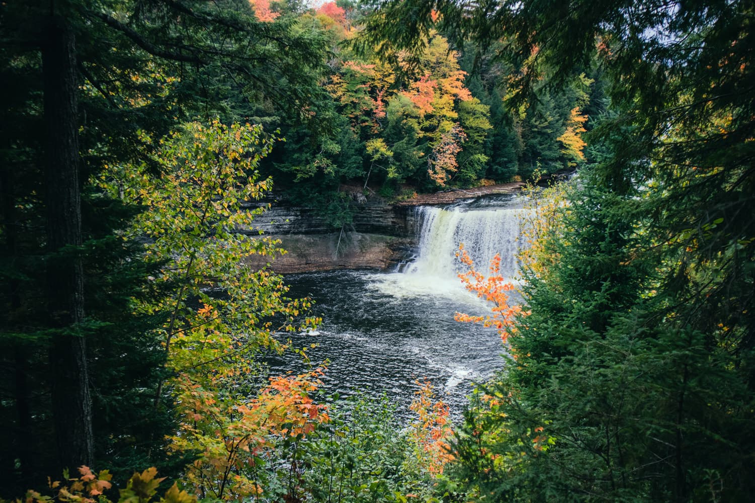 View of Upper Tahquamenon Falls and its foamy pool from an overlook through the trees